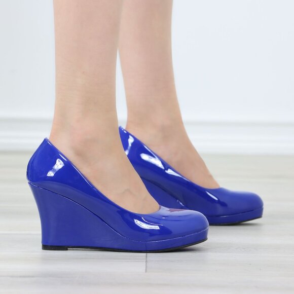 Blue Patent Close Rounded Toe Wedge Heel Rockabilly Style Shoe - Picture 7 of 14